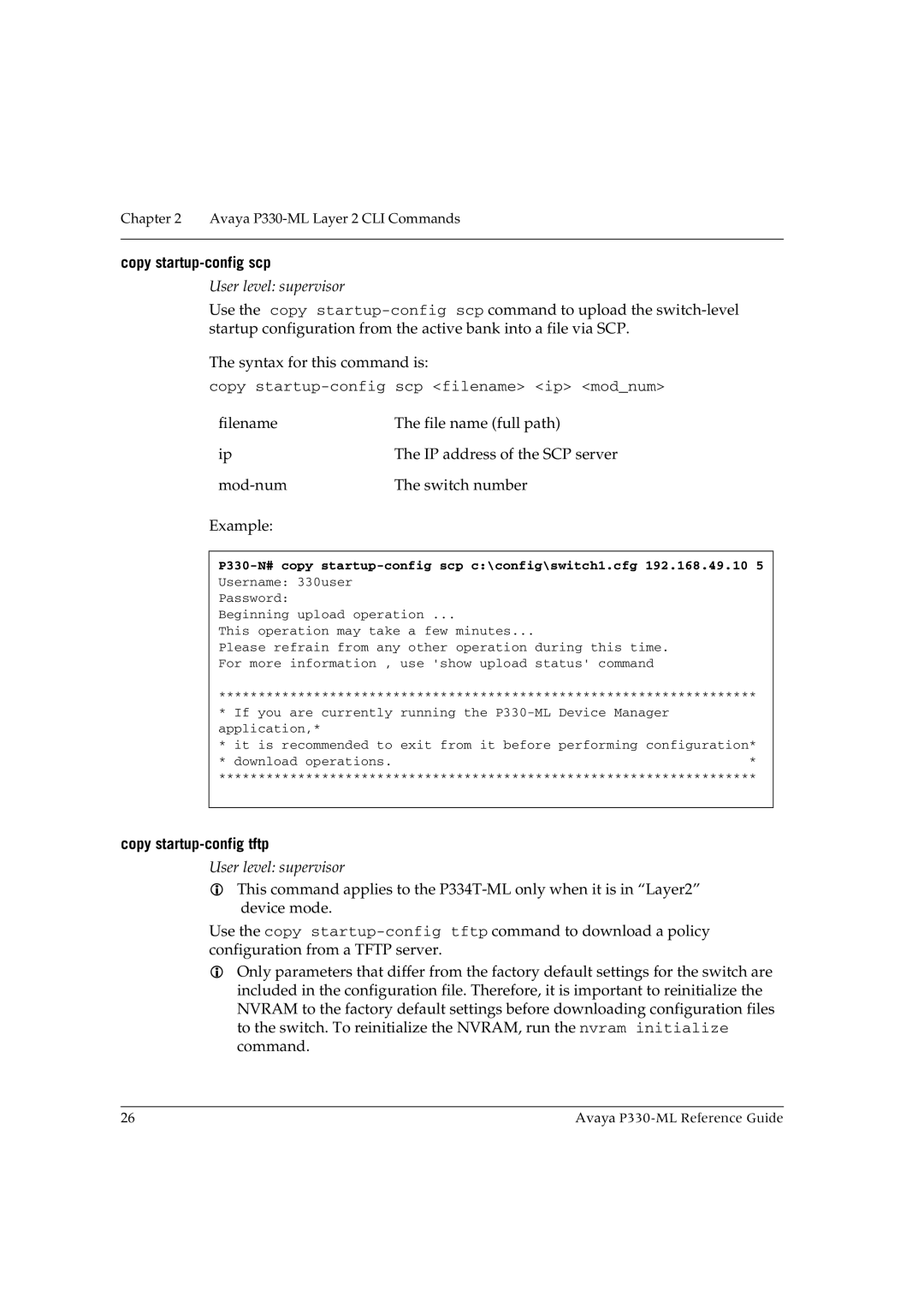 Avaya P330-ML-ML manual Copy startup-config scp, Copy startup-config tftp 