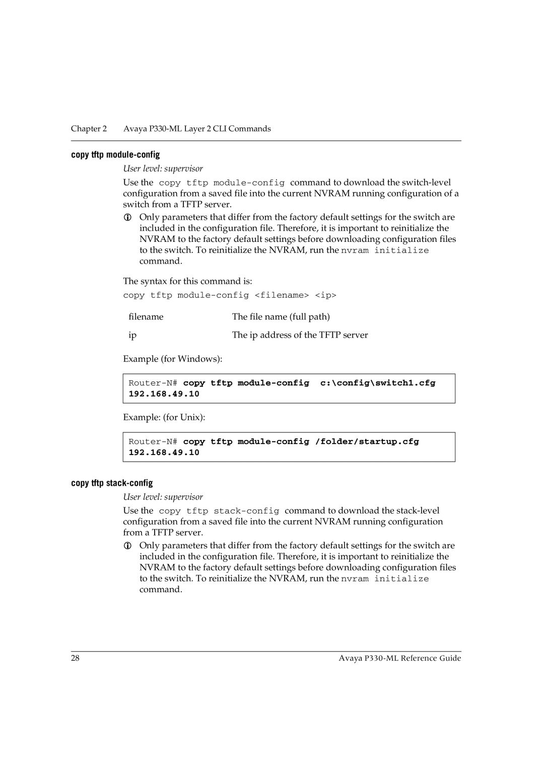 Avaya P330-ML-ML Copy tftp module-config, Router-N#copy tftp module-config c\config\switch1.cfg, Copy tftp stack-config 