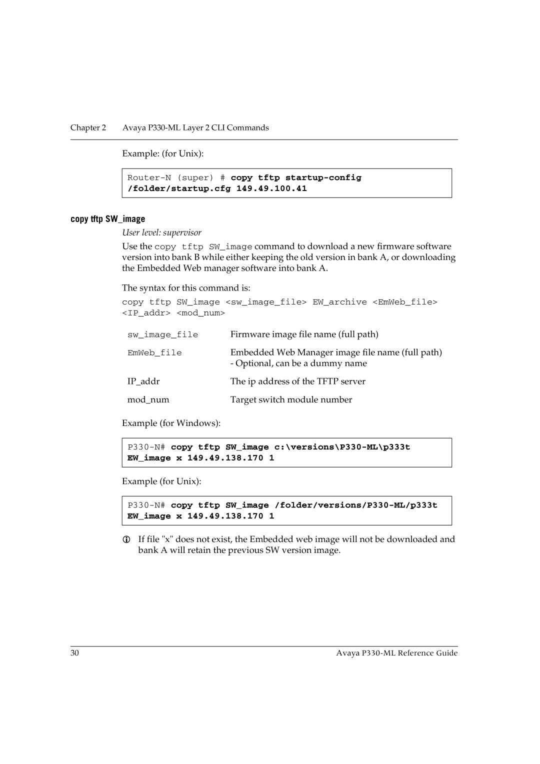 Avaya P330-ML-ML manual Copy tftp SWimage 