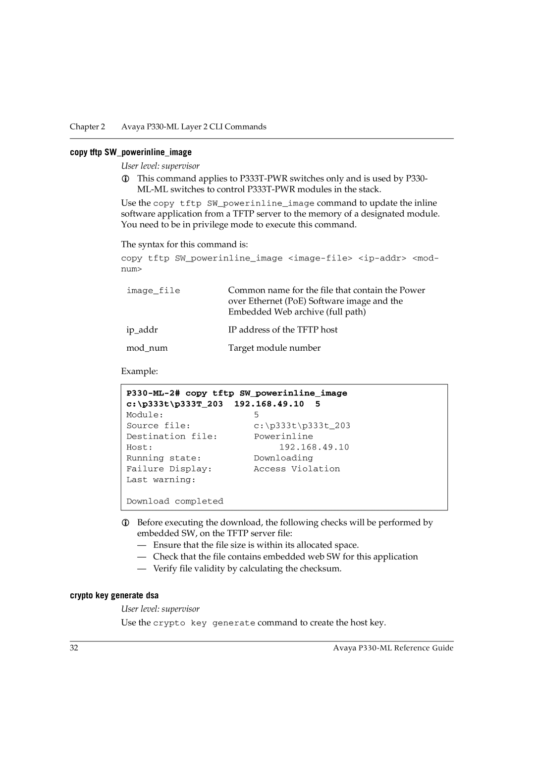 Avaya P330-ML-ML manual Copy tftp SWpowerinlineimage, Crypto key generate dsa 