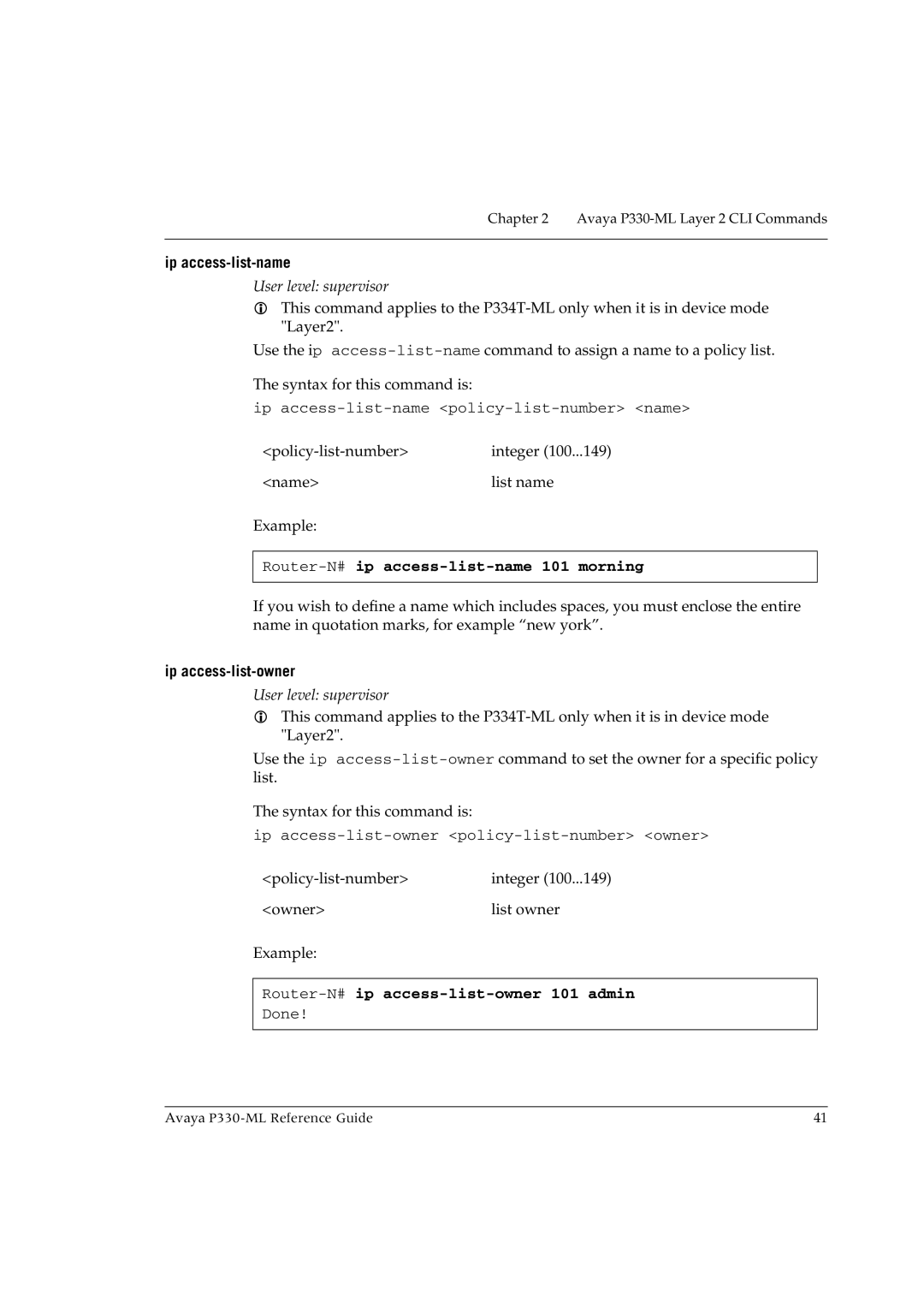Avaya P330-ML-ML manual Ip access-list-name, Router-N#ip access-list-name 101 morning, Ip access-list-owner 