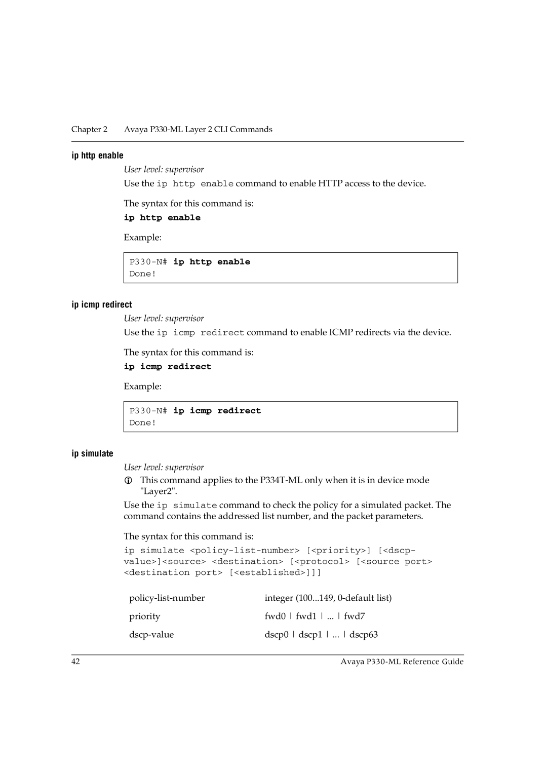 Avaya P330-ML-ML manual Ip http enable, P330-N#ip http enable, Ip icmp redirect, P330-N#ip icmp redirect 