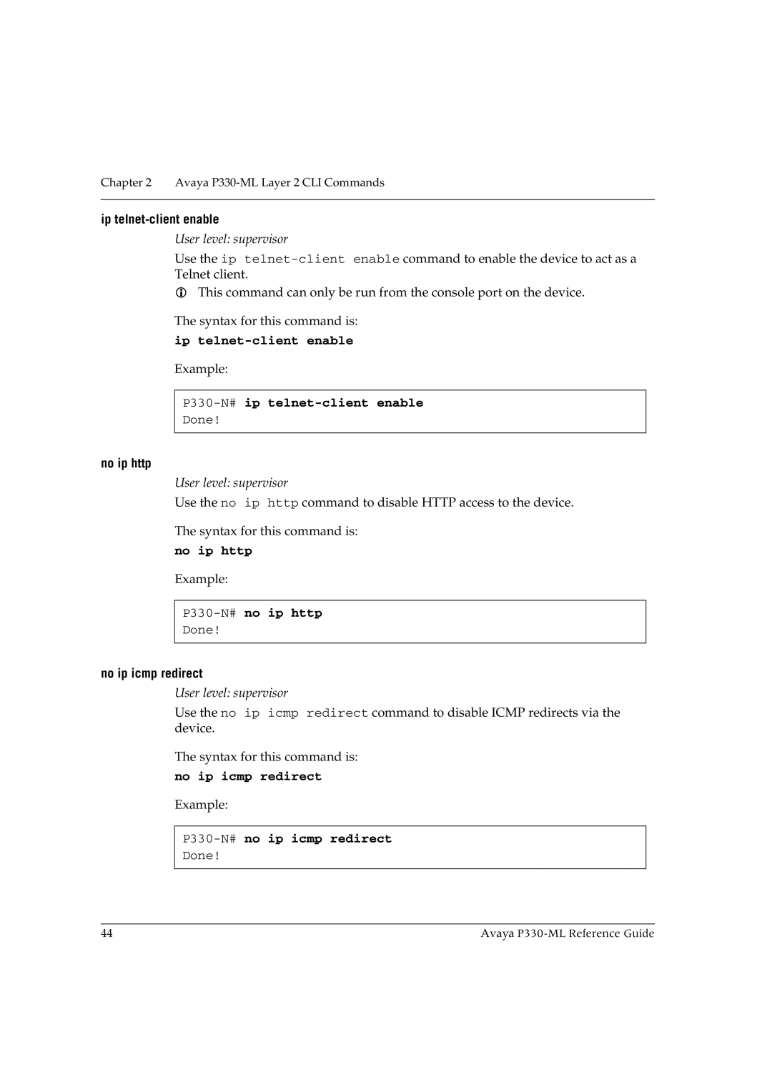 Avaya P330-ML-ML manual Ip telnet-client enable, P330-N#ip telnet-client enable, No ip http, P330-N#no ip http 