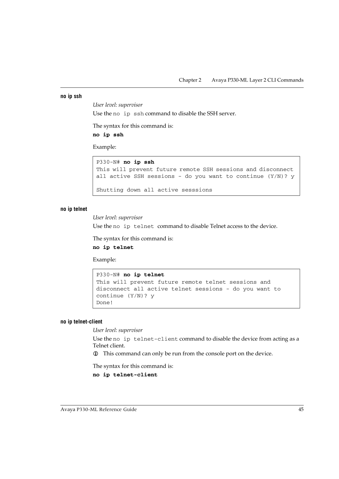 Avaya P330-ML-ML manual P330-N#no ip ssh, P330-N#no ip telnet, No ip telnet-client 