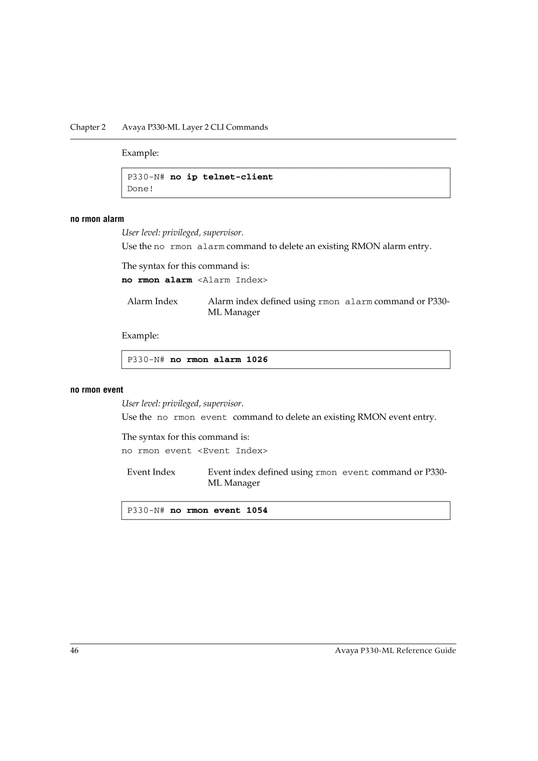 Avaya P330-ML-ML manual P330-N#no ip telnet-client, No rmon alarm Alarm Index, P330-N#no rmon alarm, P330-N#no rmon event 