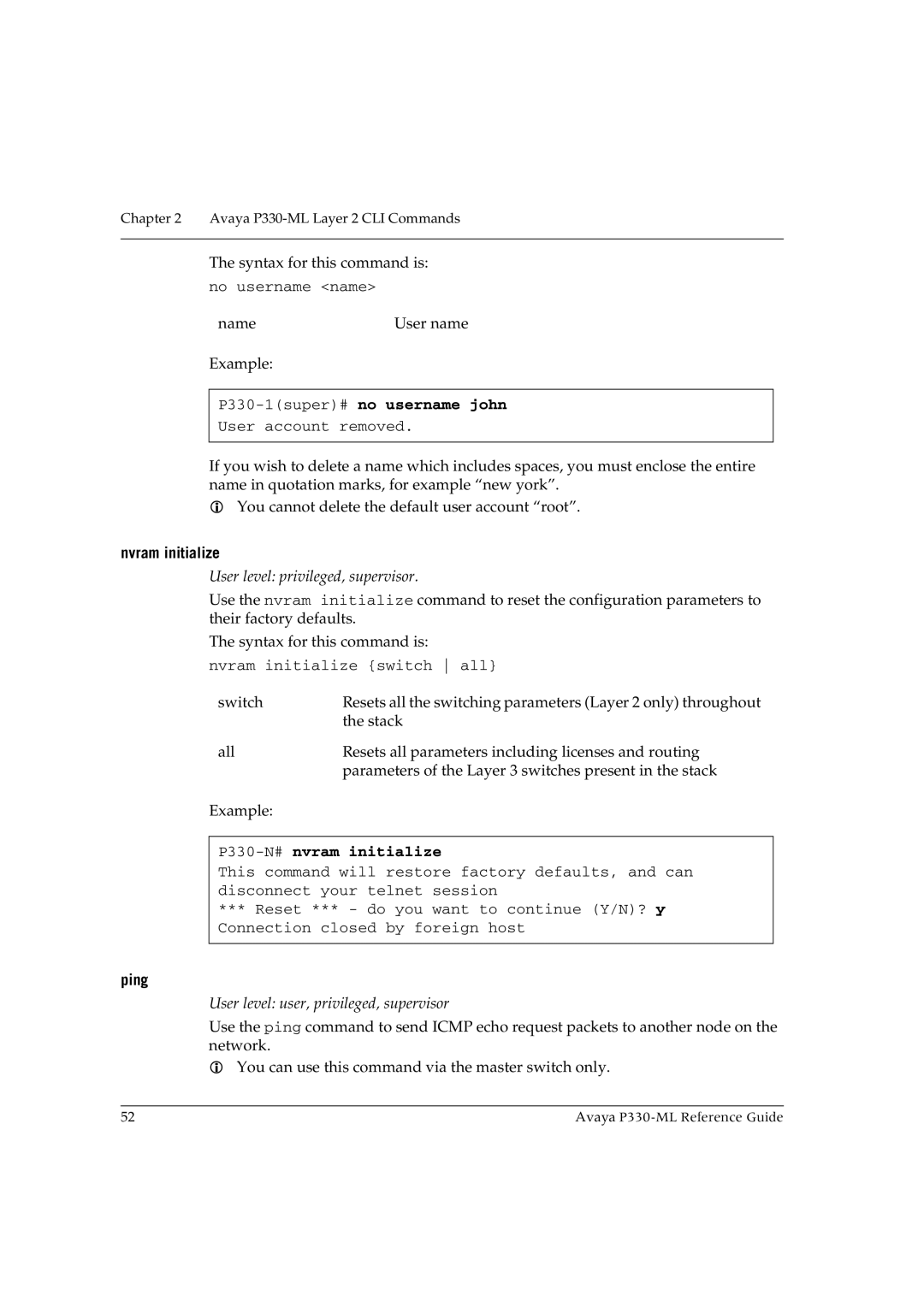 Avaya P330-ML-ML manual P330-1super#no username john, Nvram initialize, P330-N#nvram initialize, Ping 