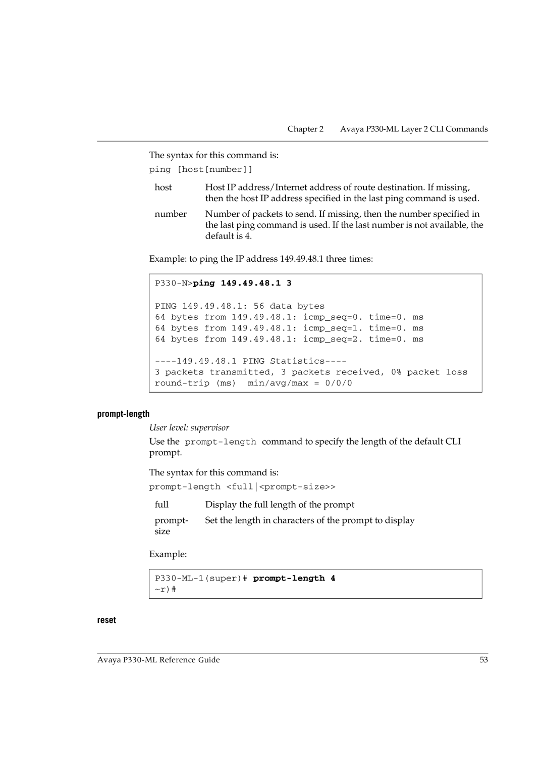 Avaya P330-ML-ML manual P330-Nping 149.49.48.1, Prompt-length, Reset 