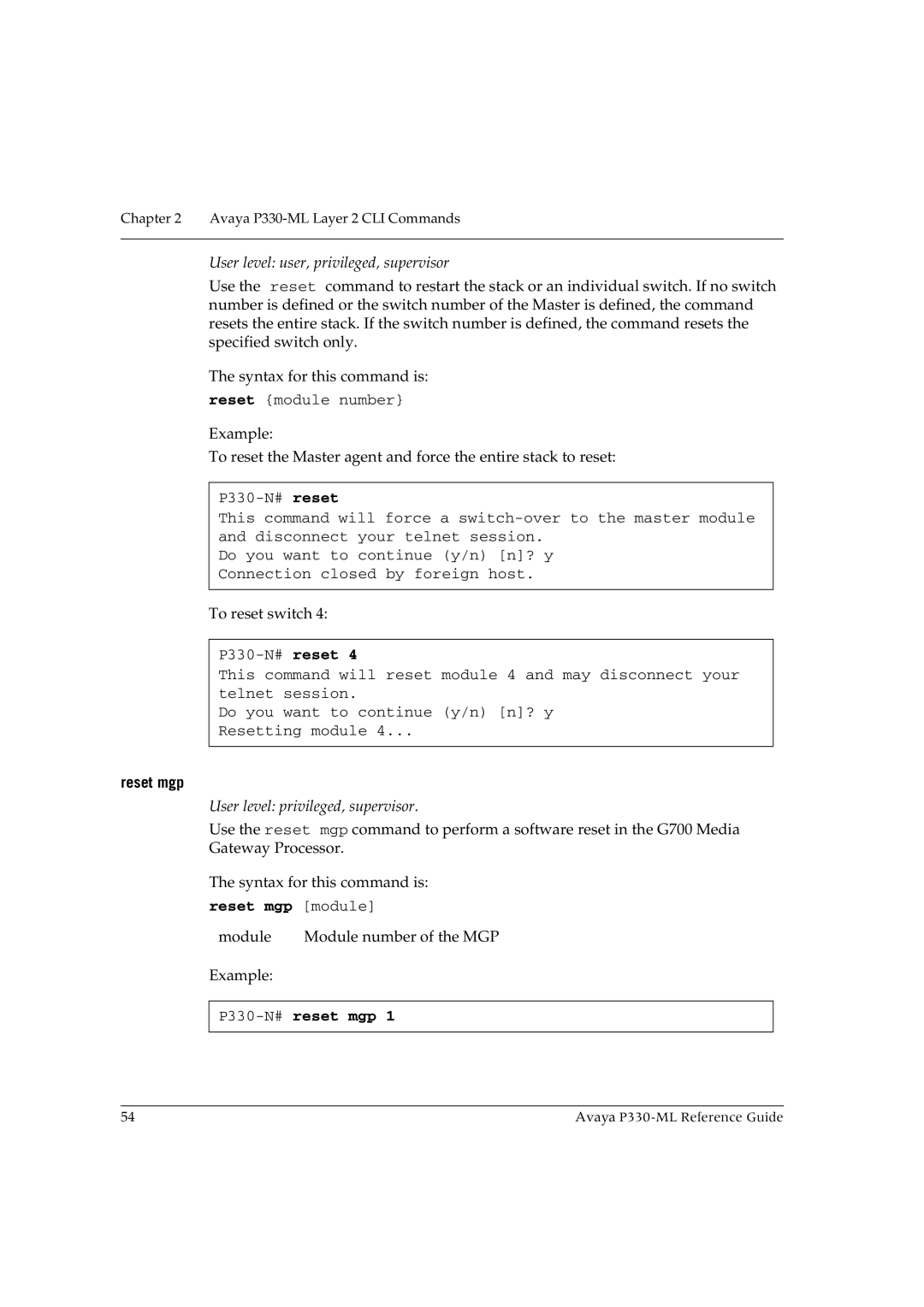 Avaya P330-ML-ML manual Reset mgp module, P330-N#reset mgp 