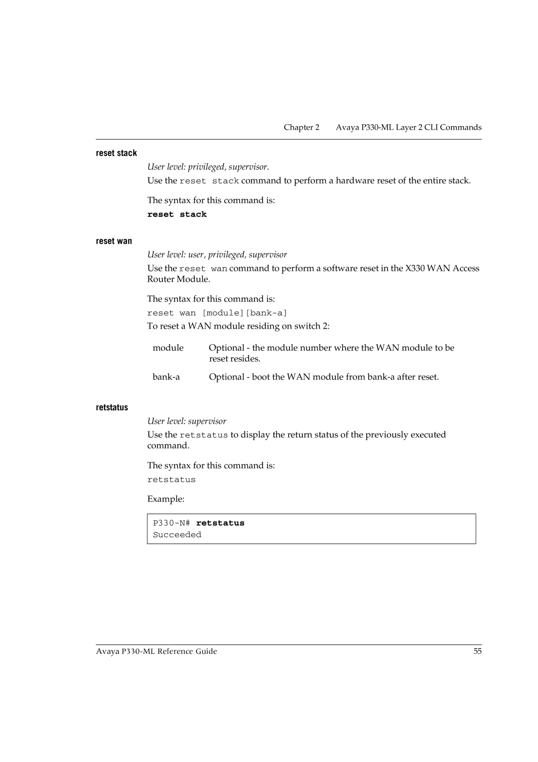 Avaya P330-ML-ML manual Reset stack, Reset wan, Retstatus, P330-N#retstatus 