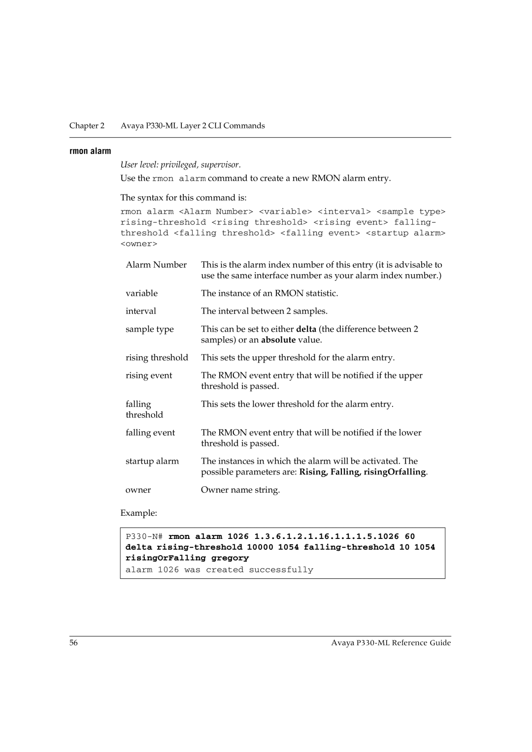 Avaya P330-ML-ML manual Rmon alarm, Possible parameters are Rising, Falling, risingOrfalling 