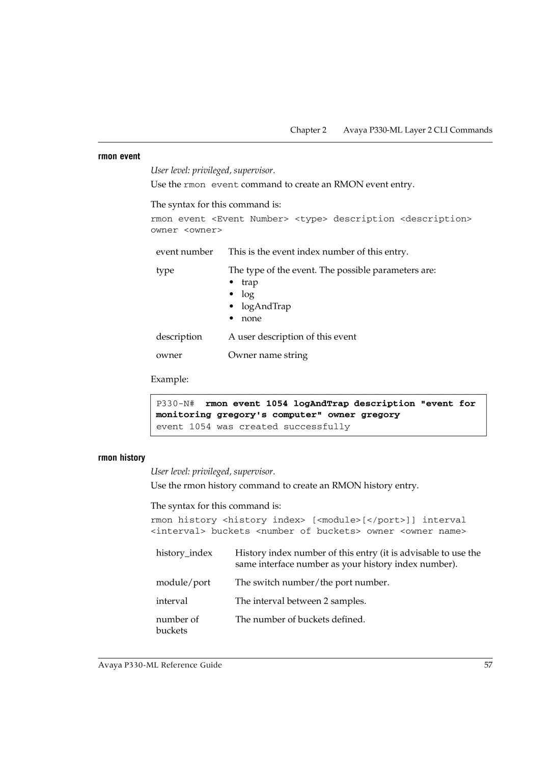 Avaya P330-ML-ML manual Rmon event, Rmon history 