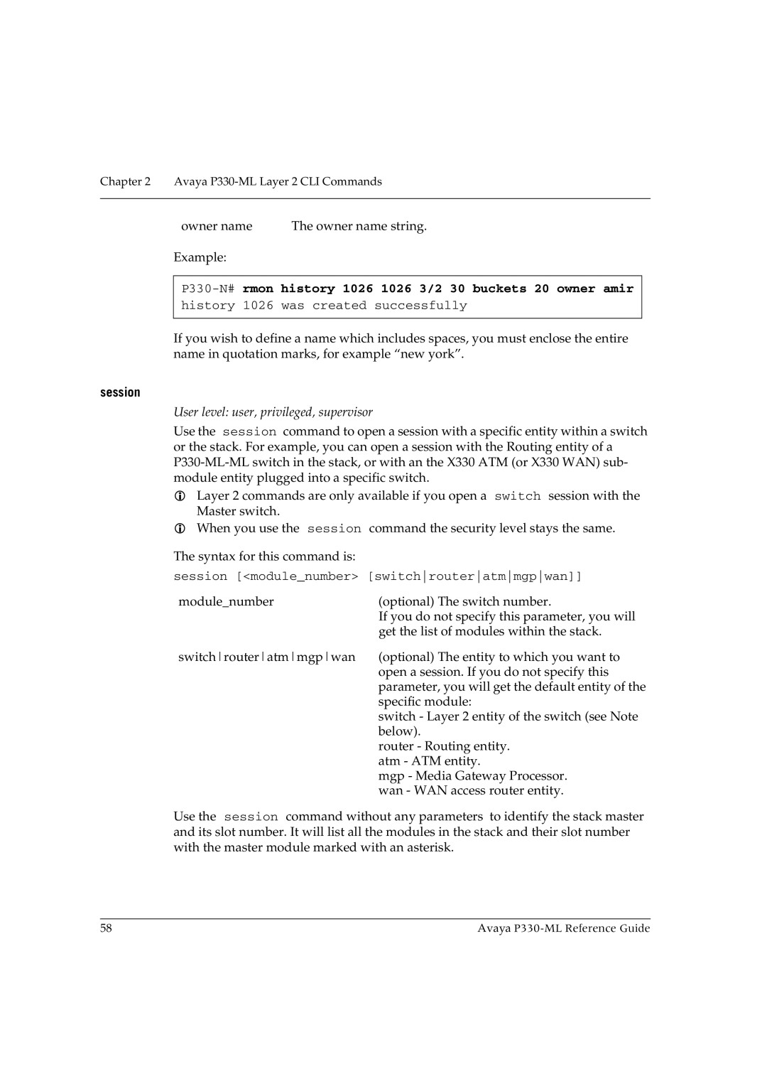 Avaya P330-ML-ML manual P330-N#rmon history 1026 1026 3/2 30 buckets 20 owner amir, Session 