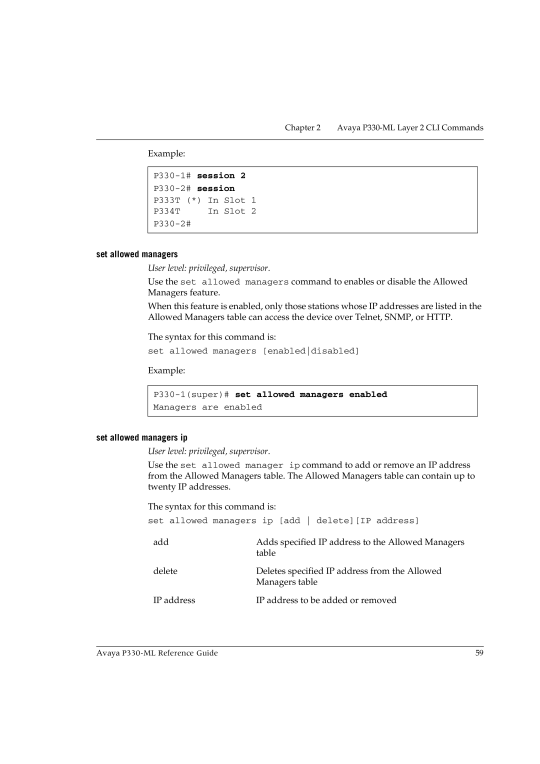 Avaya P330-ML-ML manual P330-1#session, P330-1super#set allowed managers enabled, Set allowed managers ip 