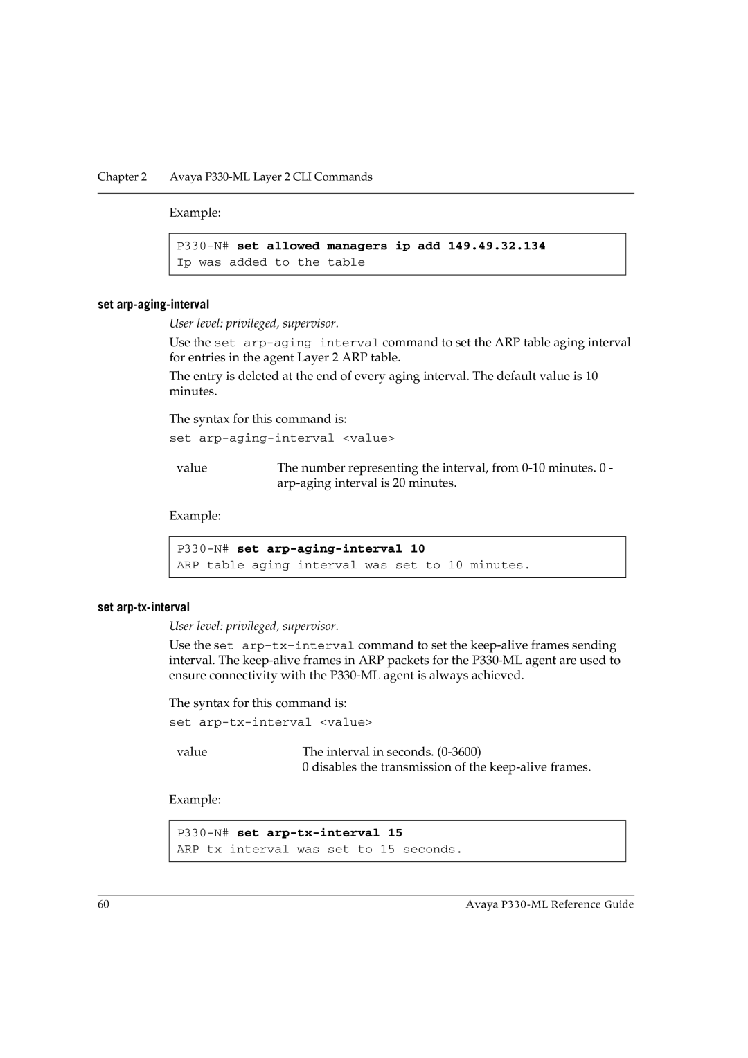 Avaya P330-ML-ML manual P330-N#set allowed managers ip add, Set arp-aging-interval, P330-N#set arp-aging-interval 