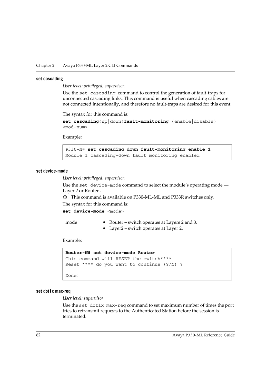 Avaya P330-ML-ML Set cascadingupdownfault-monitoring enabledisable, P330-N#set cascading down fault-monitoring enable 