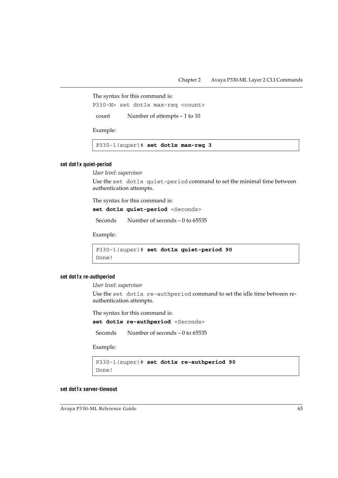 Avaya P330-ML-ML manual P330-1super#set dot1x max-req, Set dot1x quiet-period Seconds, P330-1super#set dot1x quiet-period 