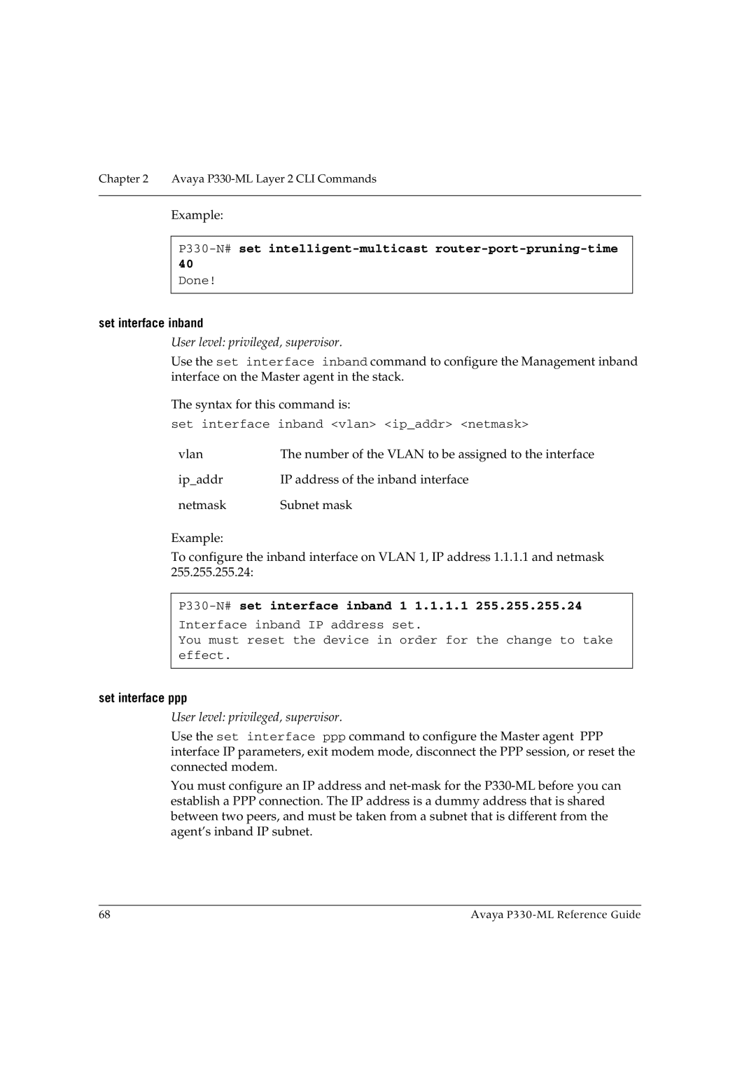 Avaya P330-ML-ML manual P330-N#set intelligent-multicast router-port-pruning-time, Set interface inband, Set interface ppp 