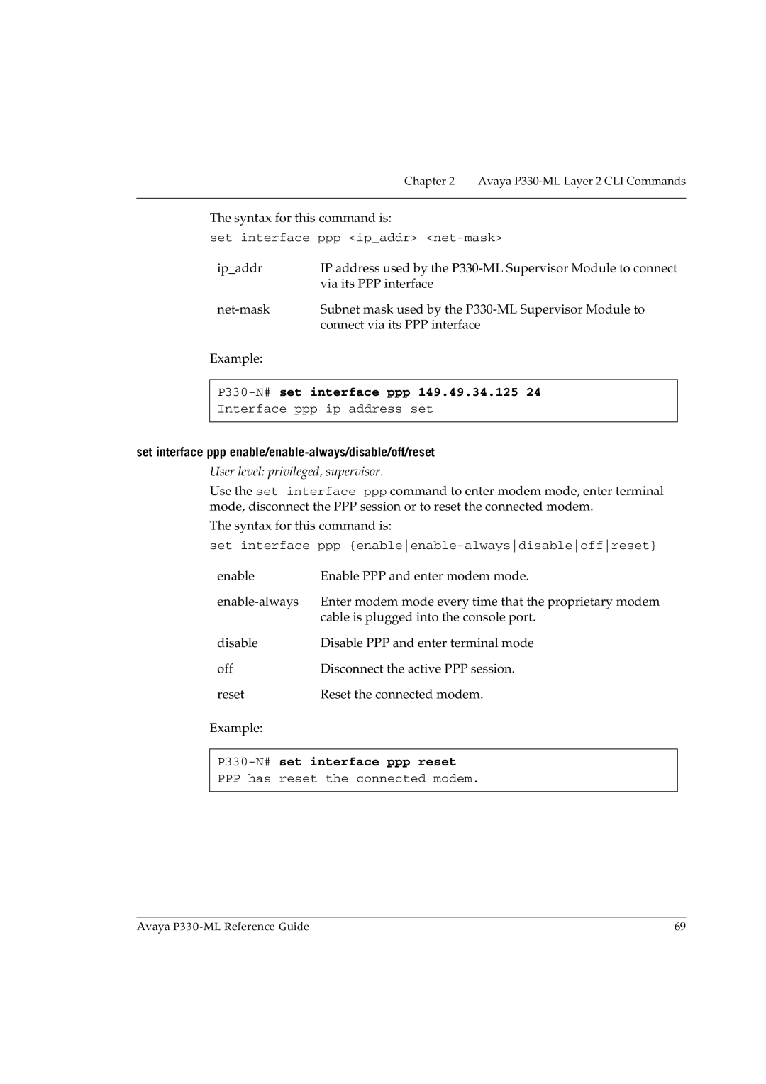 Avaya P330-ML-ML manual P330-N#set interface ppp 149.49.34.125, Set interface ppp enable/enable-always/disable/off/reset 