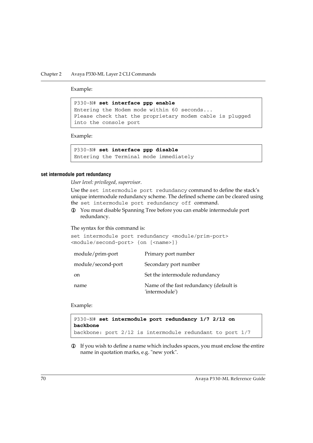 Avaya P330-ML-ML manual P330-N#set interface ppp enable, P330-N#set interface ppp disable, Set intermodule port redundancy 