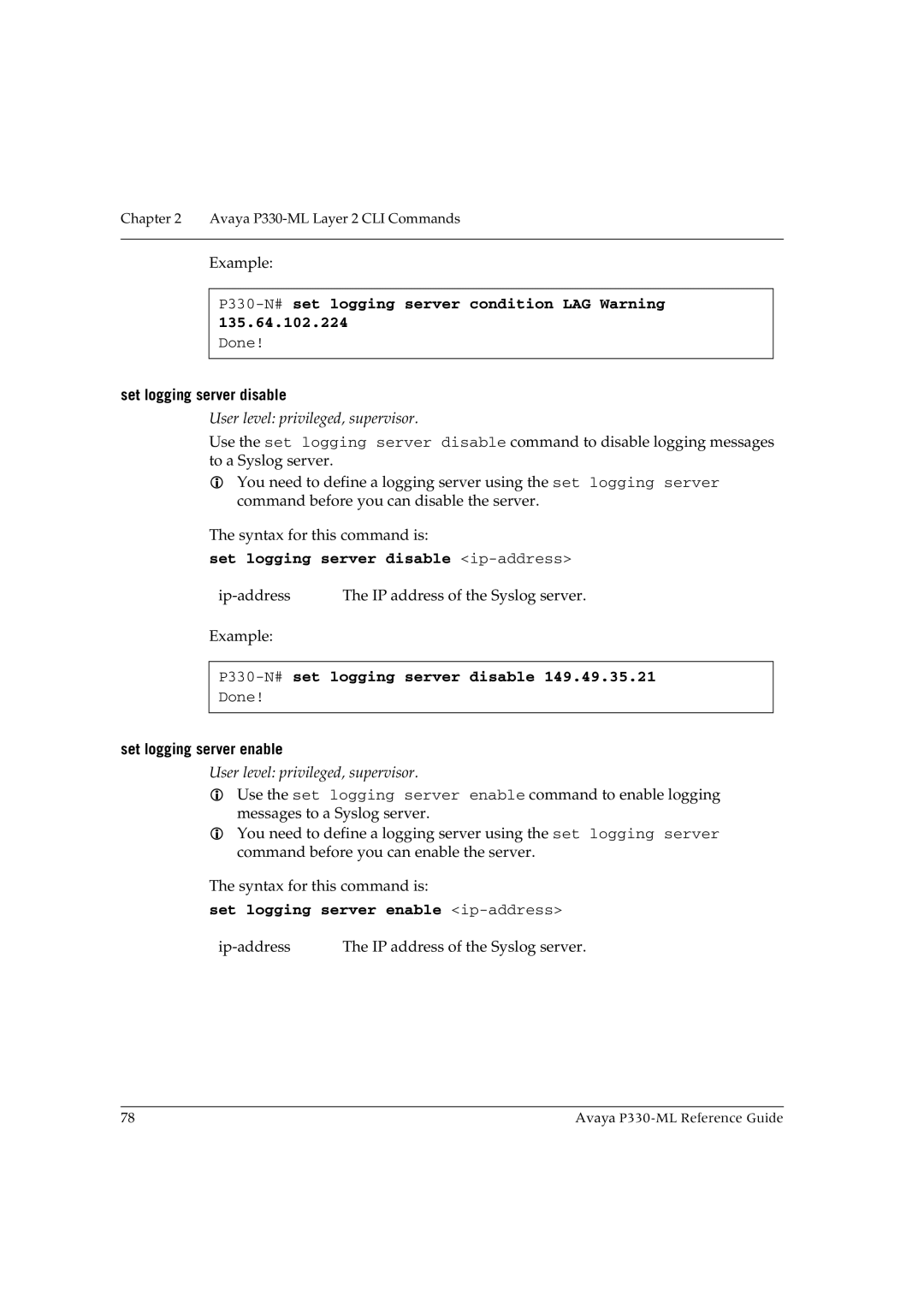 Avaya P330-ML-ML manual P330-N#set logging server condition LAG Warning, Set logging server disable ip-address 