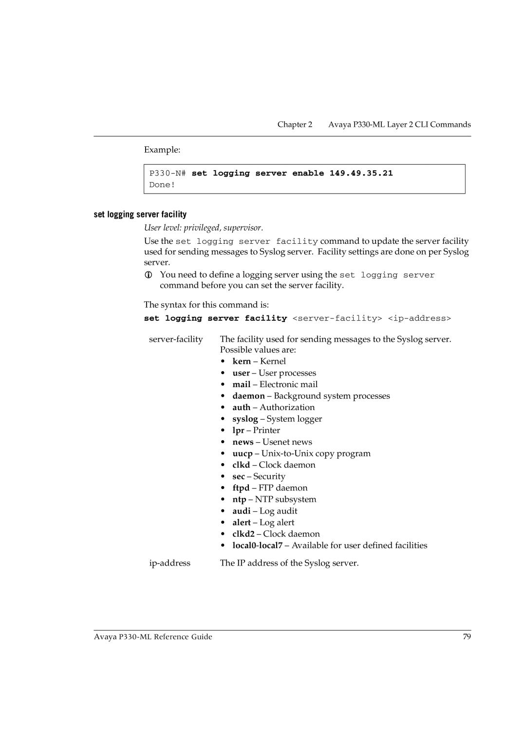 Avaya P330-ML-ML manual P330-N#set logging server enable, Set logging server facility 