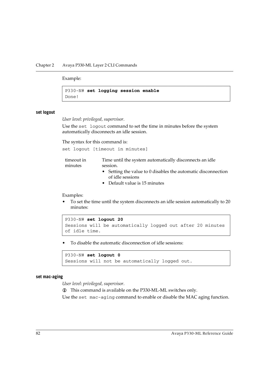 Avaya P330-ML-ML manual P330-N#set logging session enable, Set logout, P330-N#set logout, Set mac-aging 