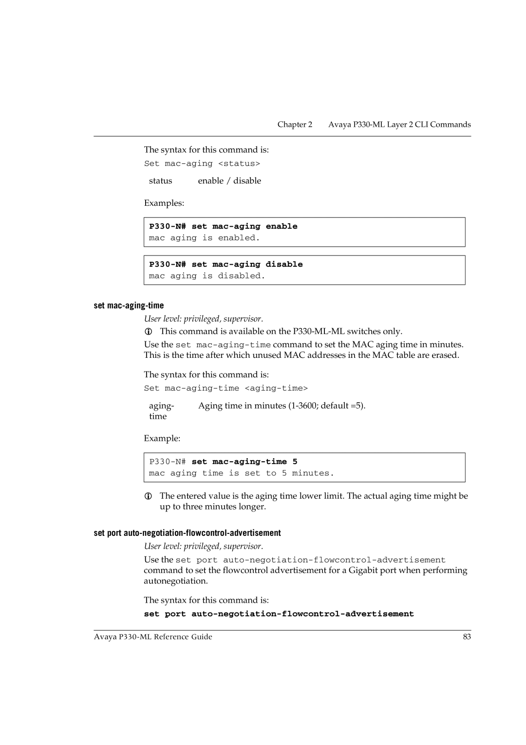 Avaya P330-ML-ML manual P330-N# set mac-aging enable, P330-N# set mac-aging disable, P330-N#set mac-aging-time 
