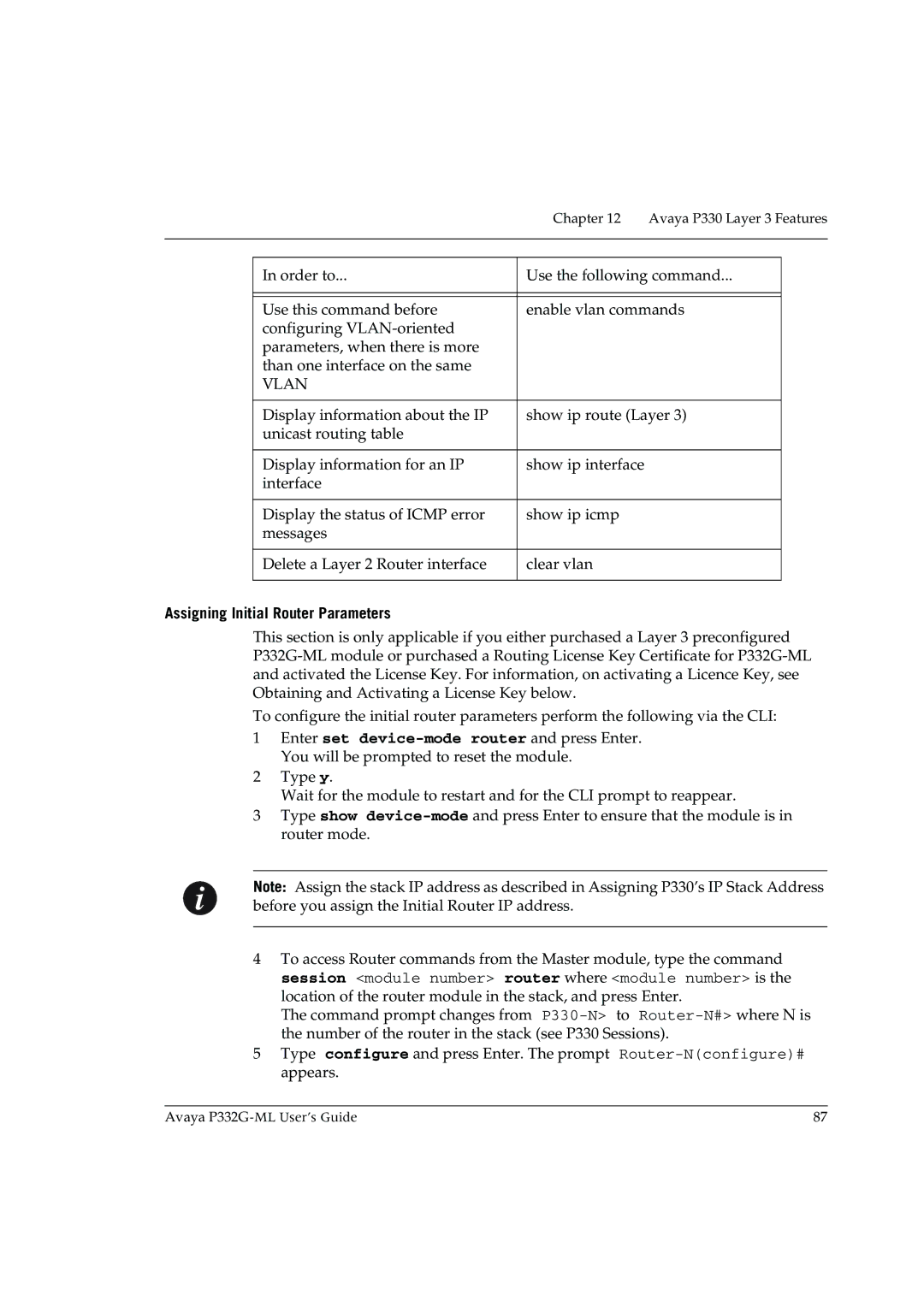 Avaya P332G-ML manual Assigning Initial Router Parameters 