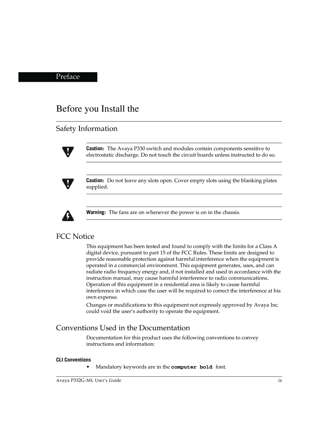 Avaya P332G-ML Before you Install, Safety Information FCC Notice, Conventions Used in the Documentation, CLI Conventions 