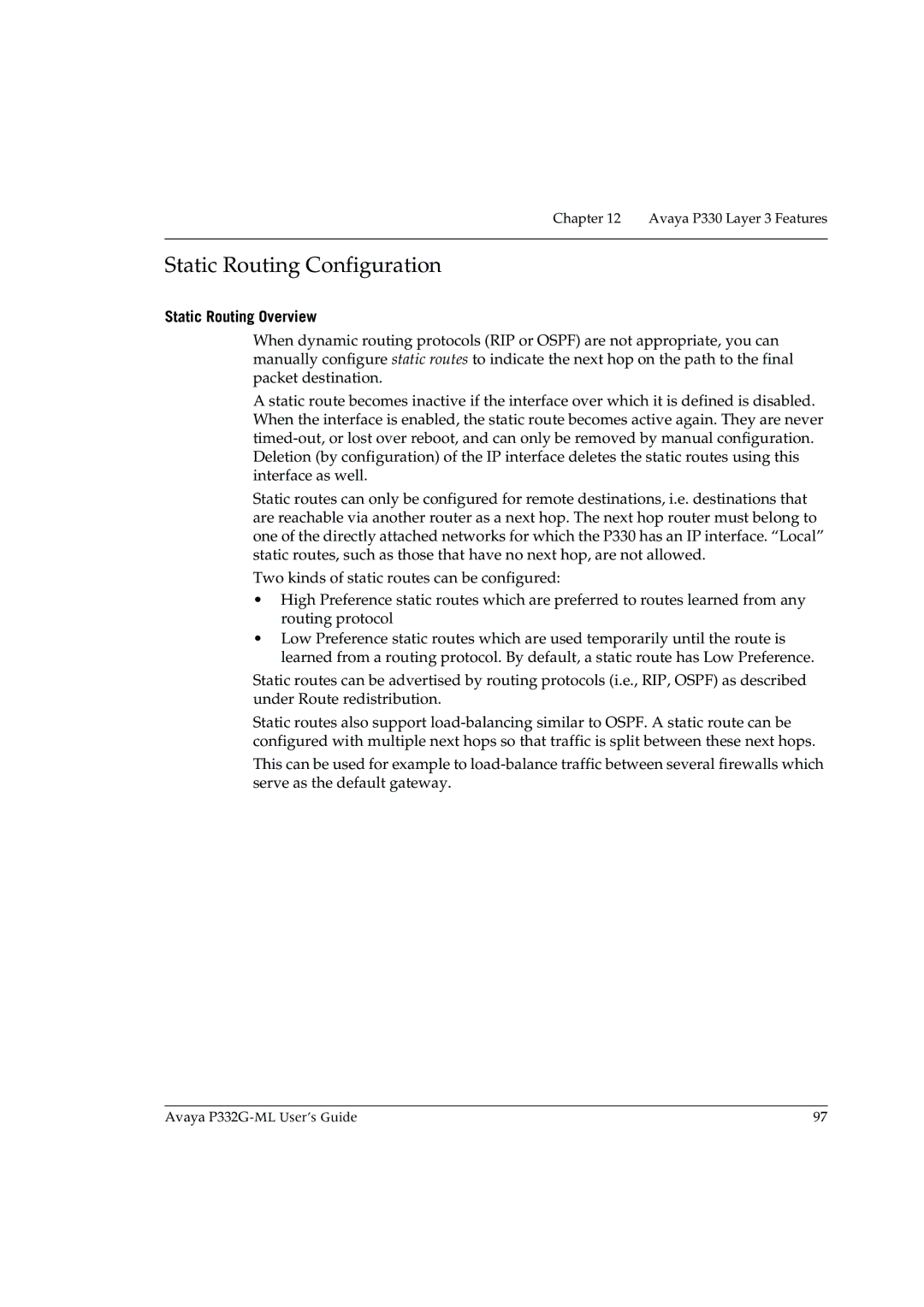 Avaya P332G-ML manual Static Routing Configuration, Static Routing Overview 