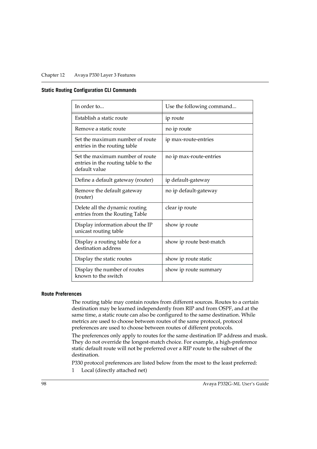 Avaya P332G-ML manual Static Routing Configuration CLI Commands, Route Preferences 