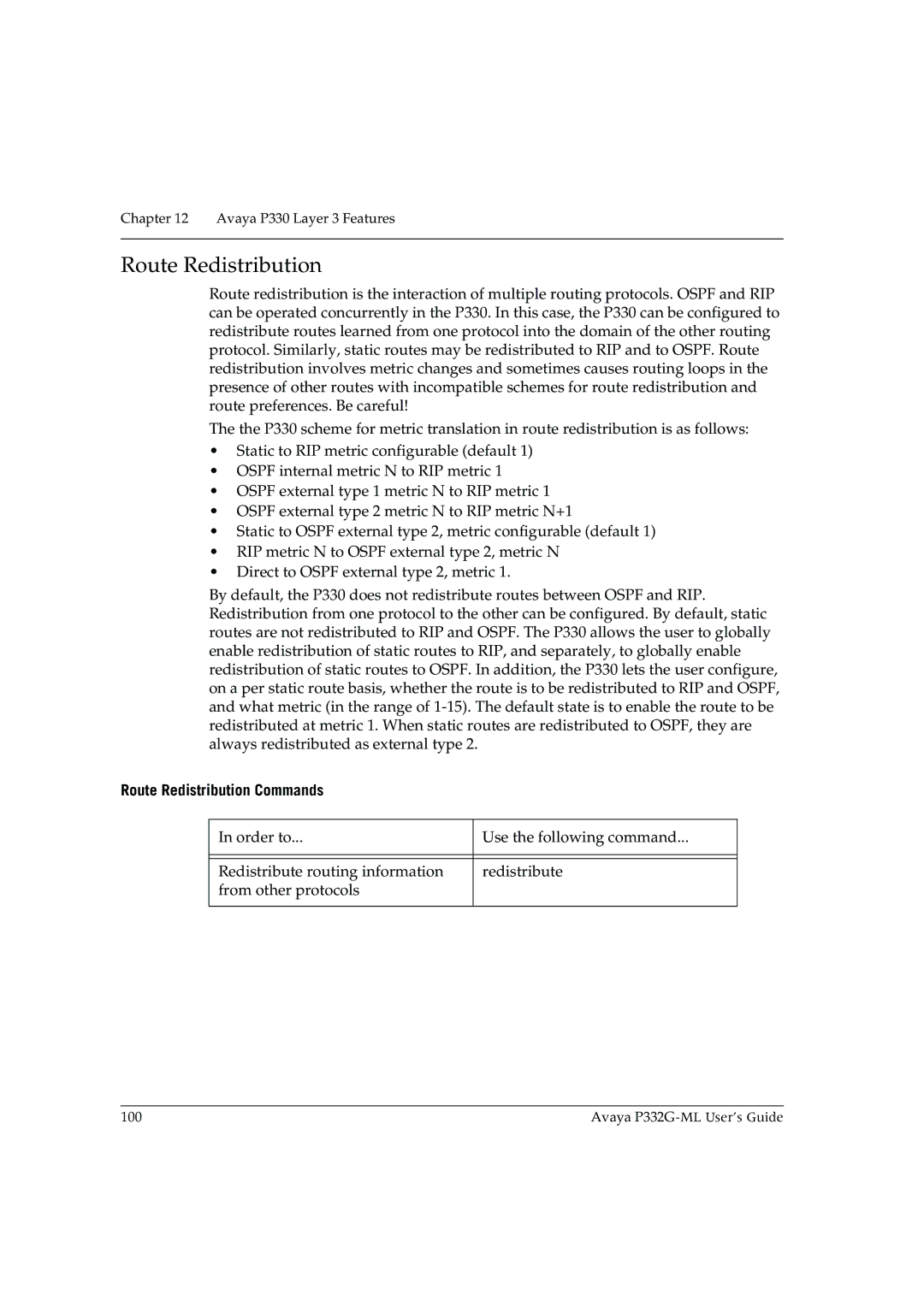 Avaya P332G-ML manual Route Redistribution Commands 