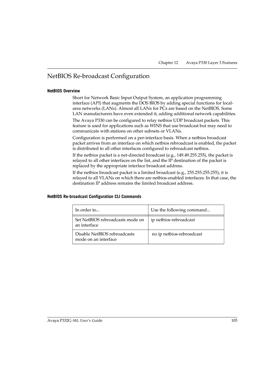 Avaya P332G-ML manual NetBIOS Overview, NetBIOS Re-broadcast Configuration CLI Commands 