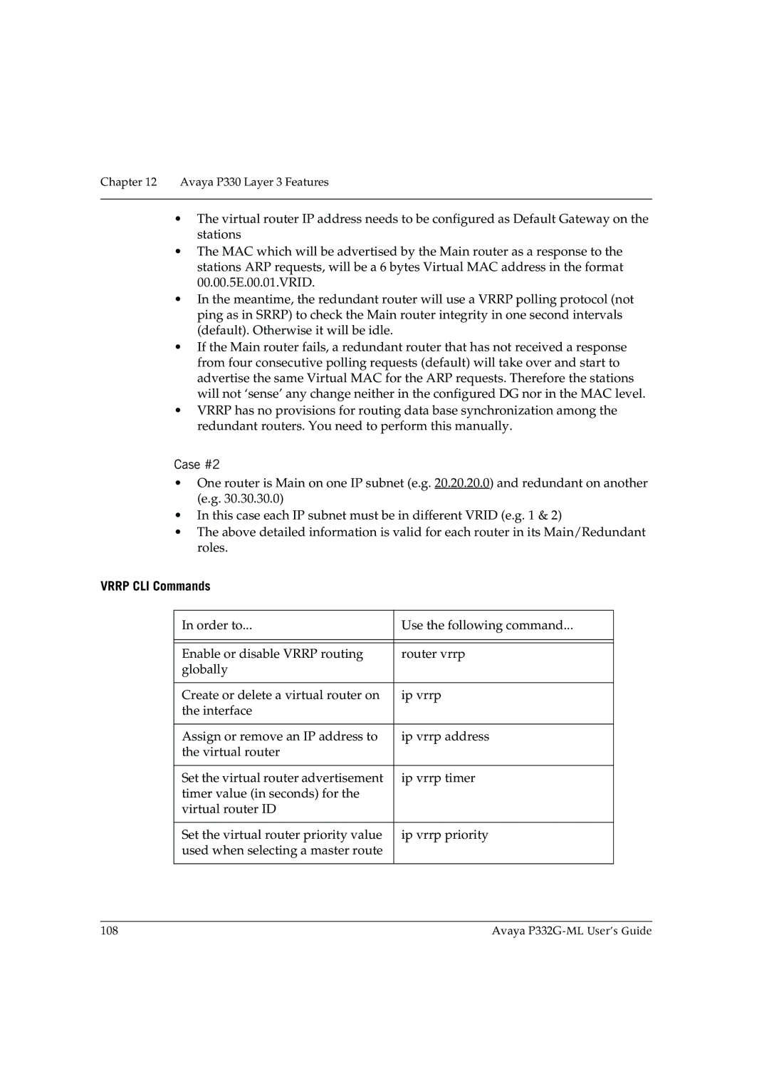 Avaya P332G-ML manual Case #2, Vrrp CLI Commands 