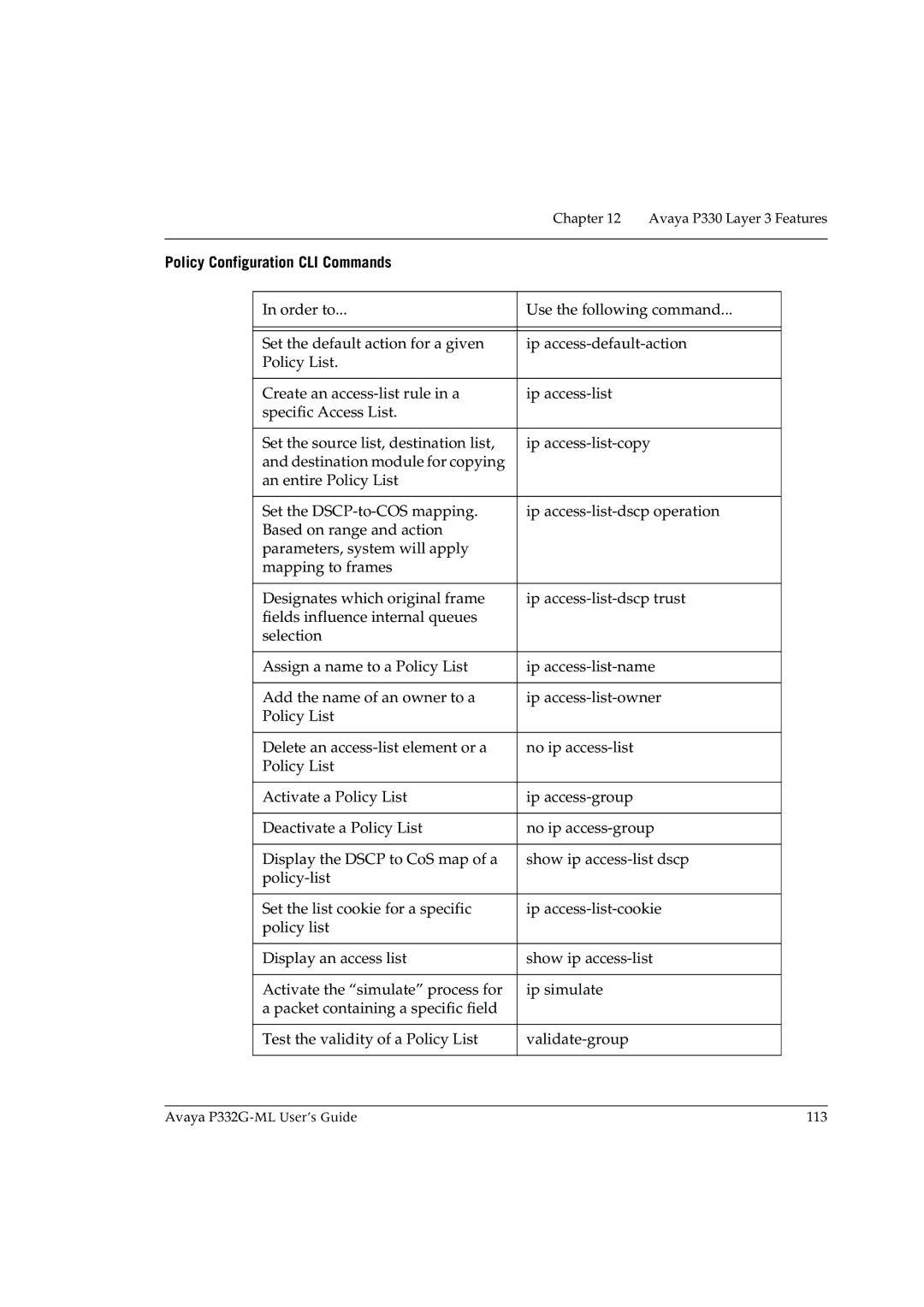 Avaya P332G-ML manual Policy Configuration CLI Commands 