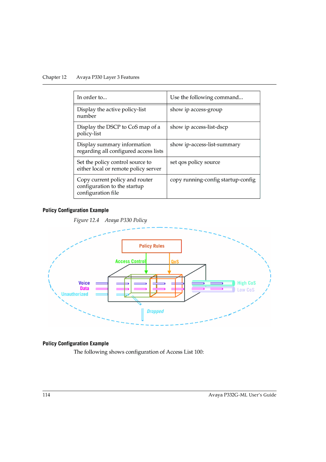 Avaya P332G-ML manual Policy Configuration Example, Avaya P330 Policy 