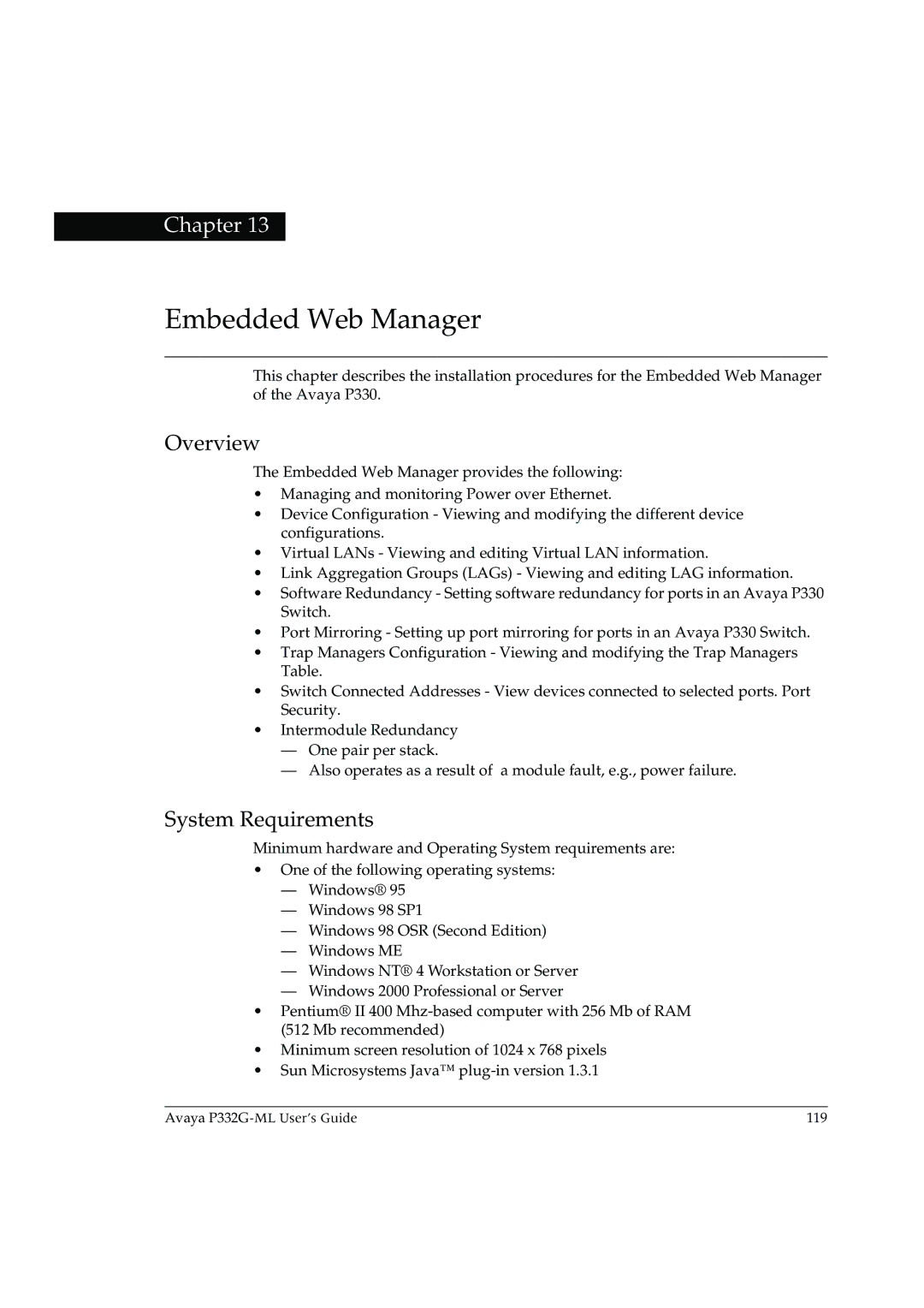 Avaya P332G-ML manual Embedded Web Manager, System Requirements 