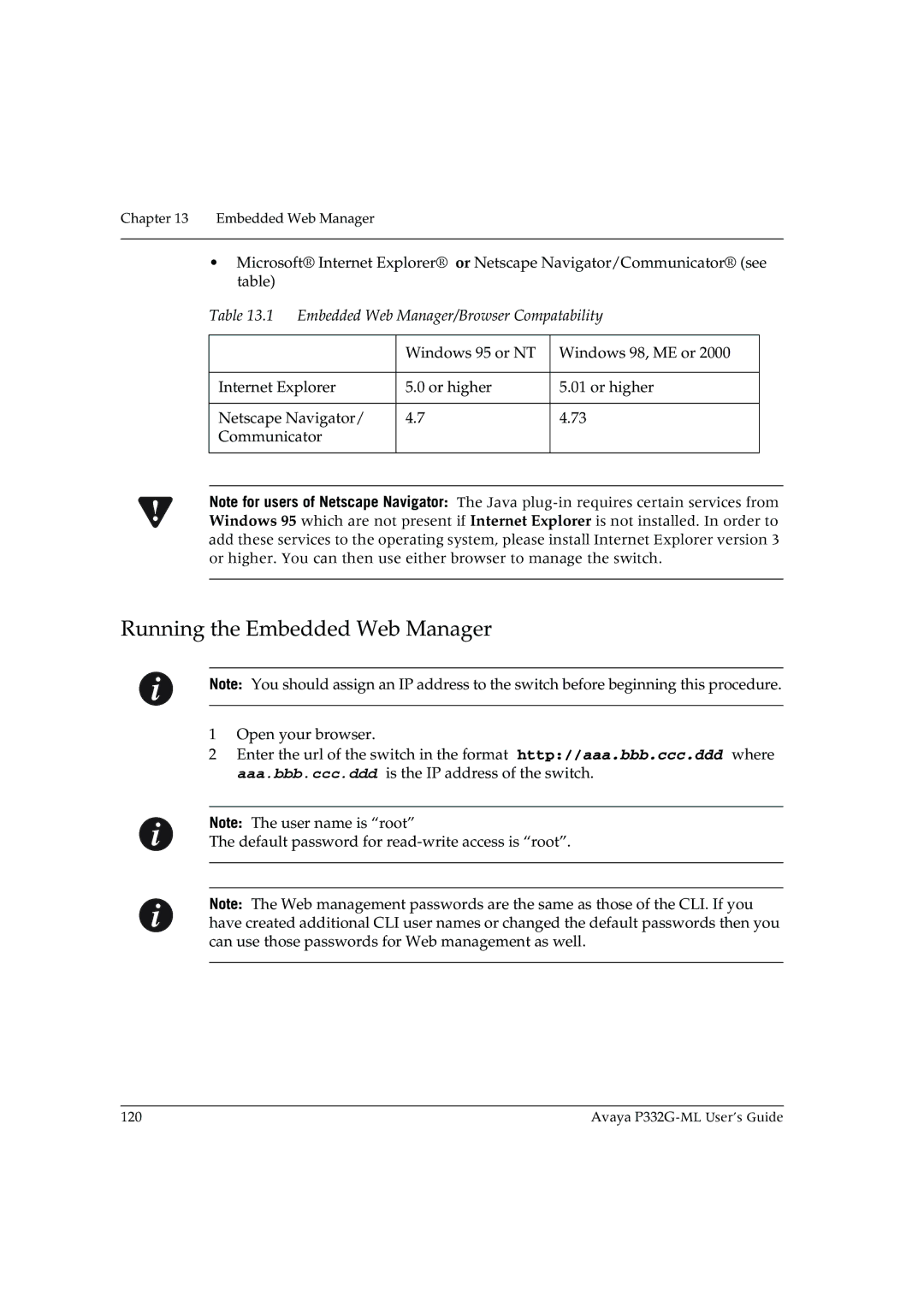 Avaya P332G-ML manual Running the Embedded Web Manager, Embedded Web Manager/Browser Compatability 