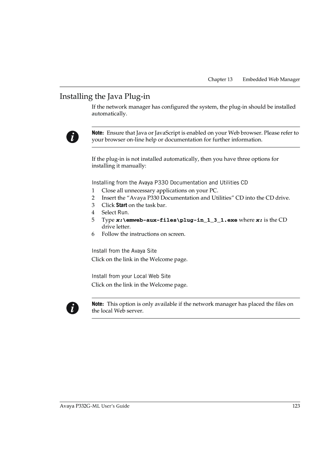 Avaya P332G-ML manual Installing the Java Plug-in, Install from the Avaya Site, Install from your Local Web Site 