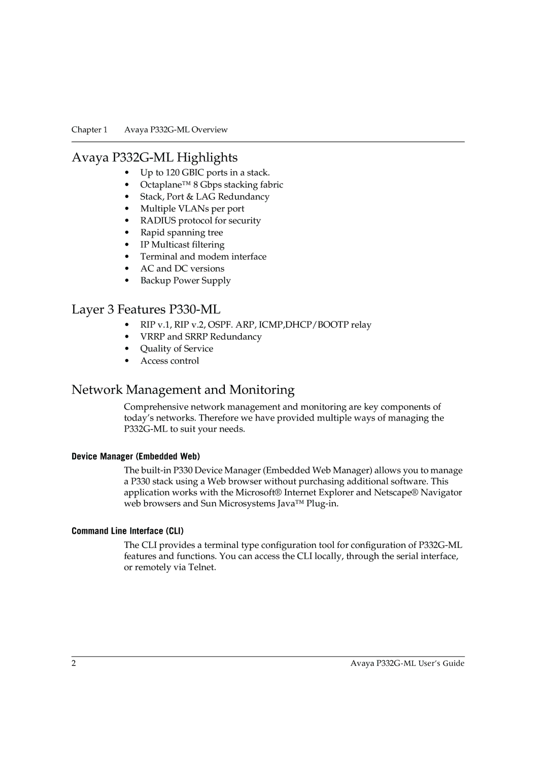 Avaya manual Avaya P332G-ML Highlights, Layer 3 Features P330-ML, Network Management and Monitoring 