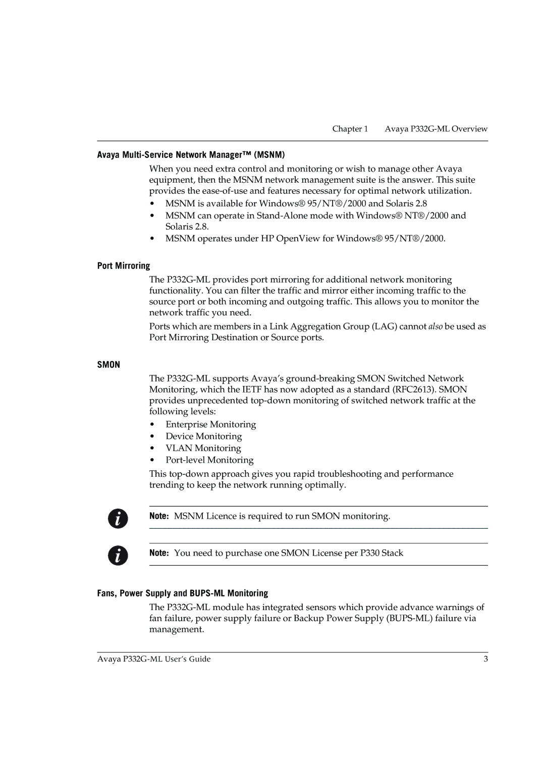 Avaya P332G-ML manual Avaya Multi-Service Network Manager Msnm, Port Mirroring, Fans, Power Supply and BUPS-ML Monitoring 