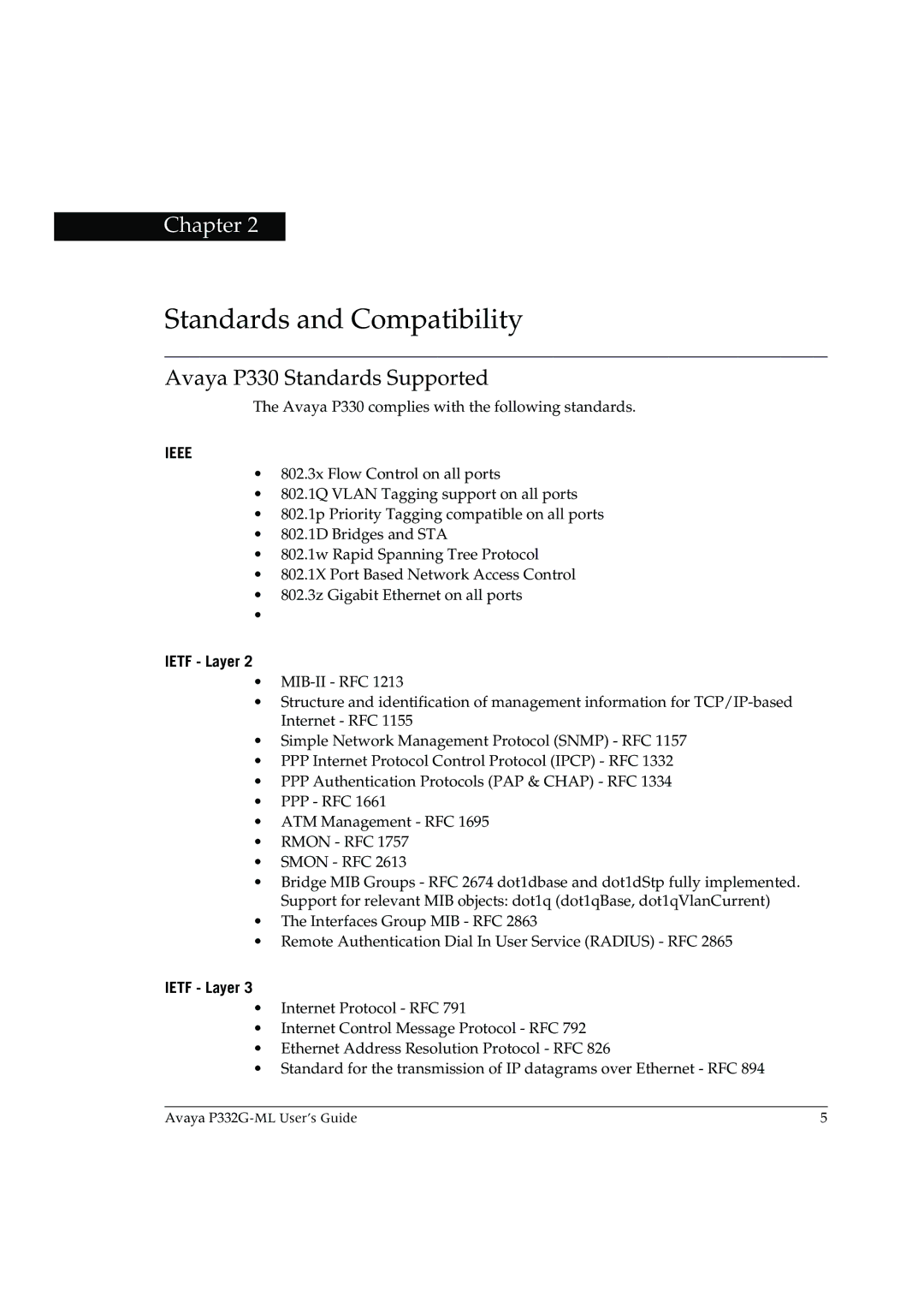 Avaya P332G-ML manual Standards and Compatibility, Avaya P330 Standards Supported, Ietf Layer 