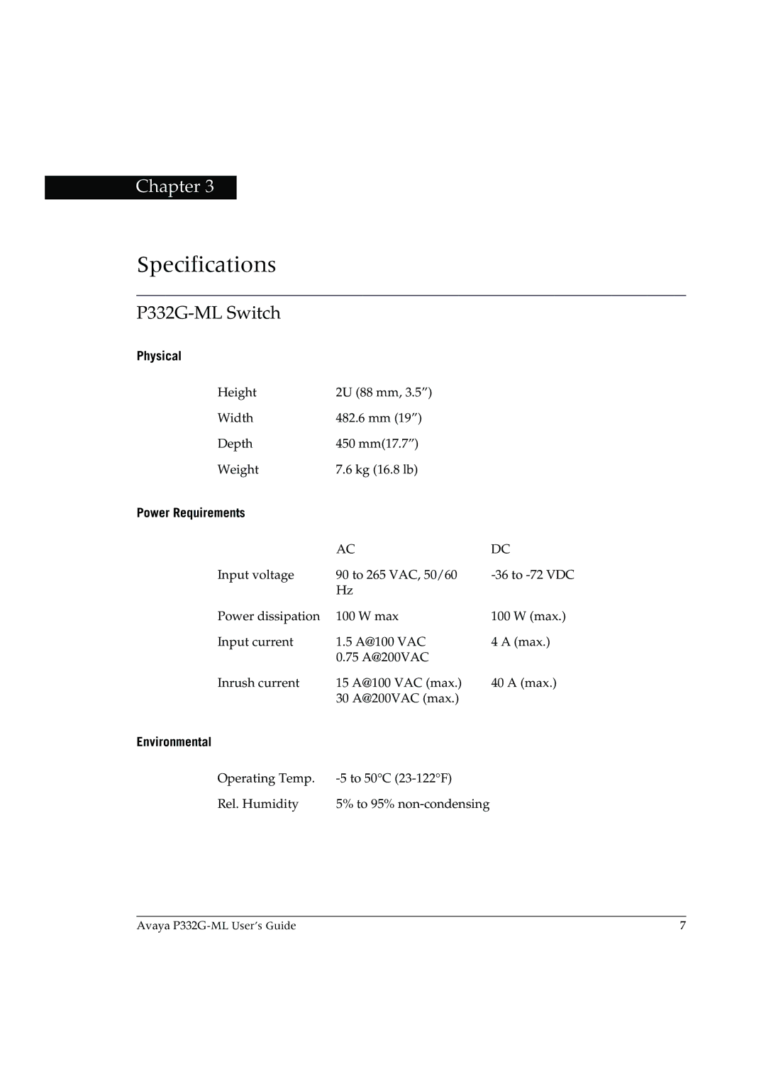 Avaya manual Specifications, P332G-ML Switch, Physical, Power Requirements, Environmental 