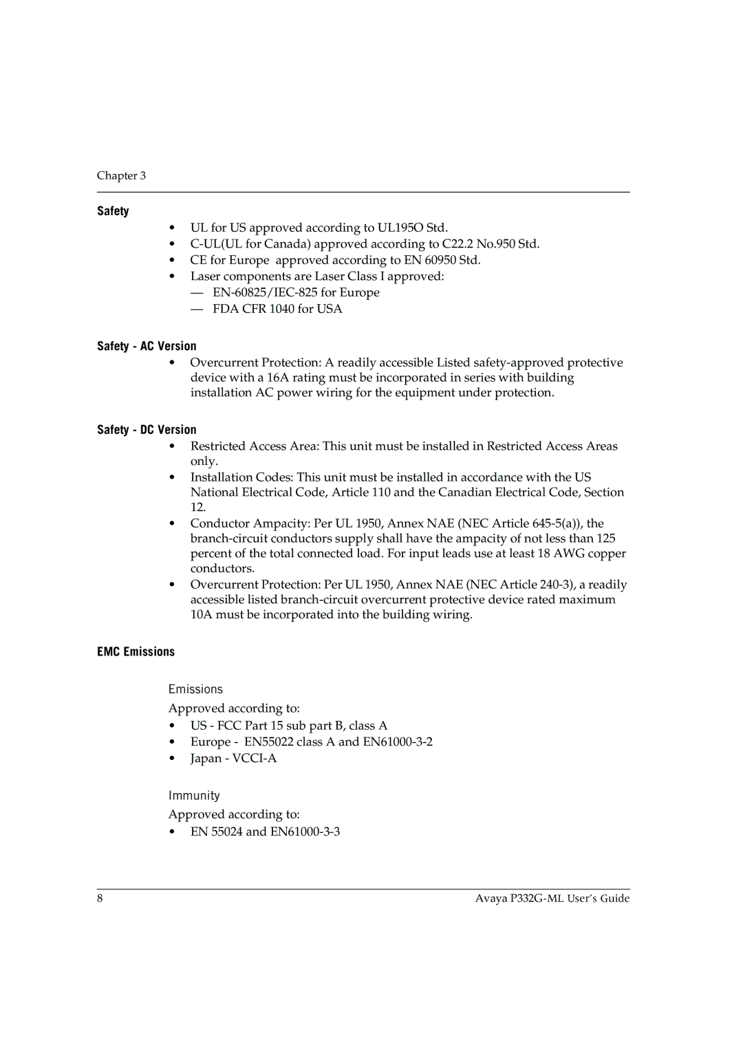 Avaya P332G-ML manual Safety AC Version, Safety DC Version, EMC Emissions 