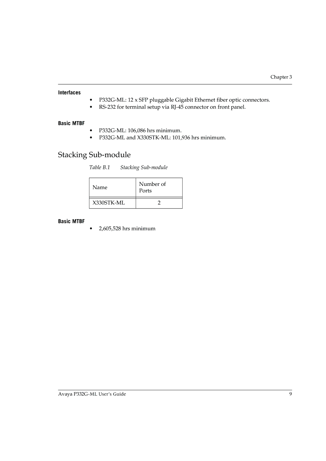 Avaya P332G-ML manual Interfaces, Basic Mtbf, Table B.1 Stacking Sub-module 