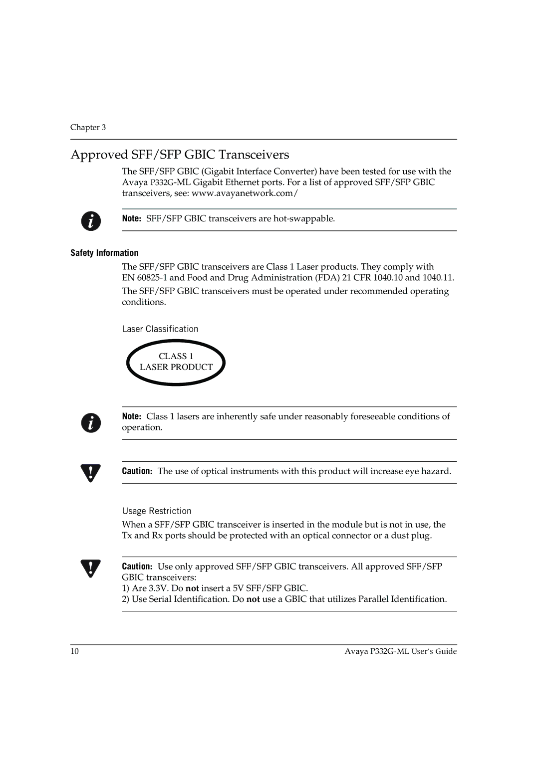 Avaya P332G-ML manual Approved SFF/SFP Gbic Transceivers, Safety Information, Laser Classification, Usage Restriction 