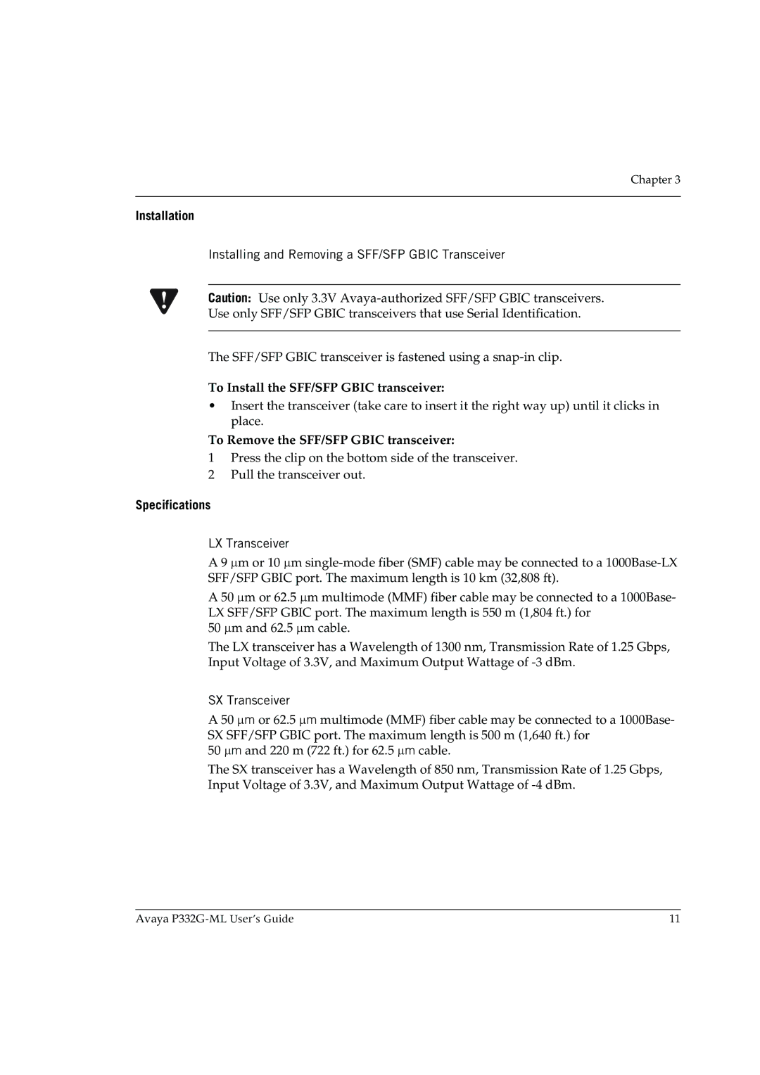 Avaya P332G-ML manual Installation, Installing and Removing a SFF/SFP Gbic Transceiver, Specifications, LX Transceiver 