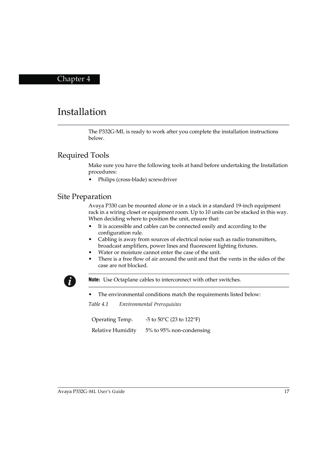 Avaya P332G-ML manual Installation, Required Tools, Site Preparation, Environmental Prerequisites 