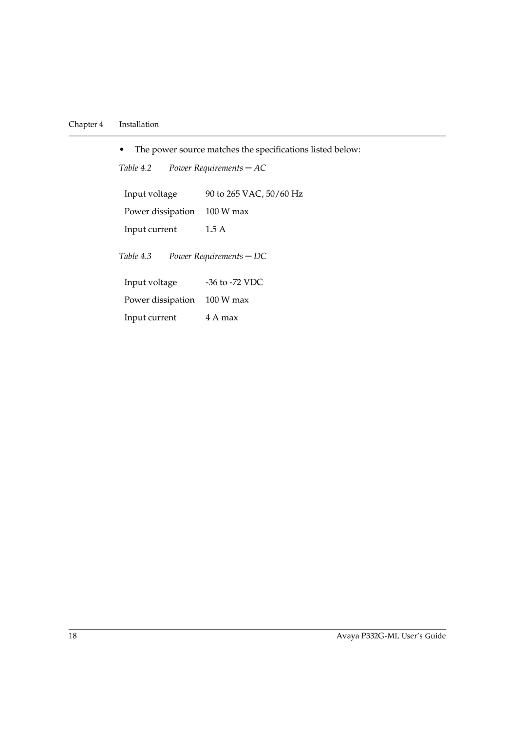 Avaya P332G-ML manual Power Requirements AC, Power Requirements DC 