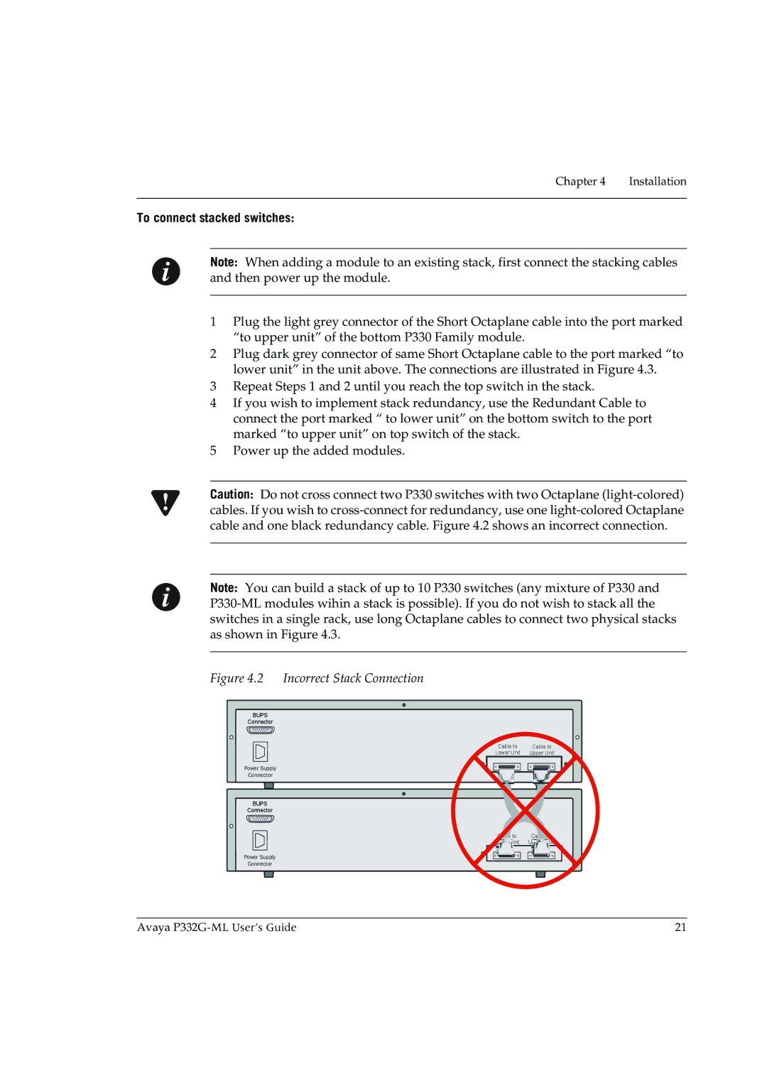 Avaya P332G-ML manual To connect stacked switches, Incorrect Stack Connection 